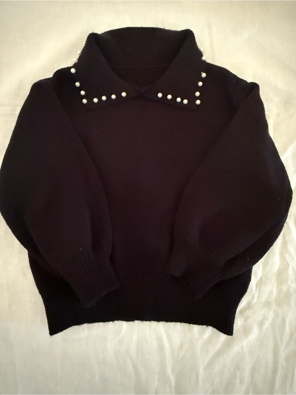 SHEIN Black Sweater with Pearl-Trim Collar
